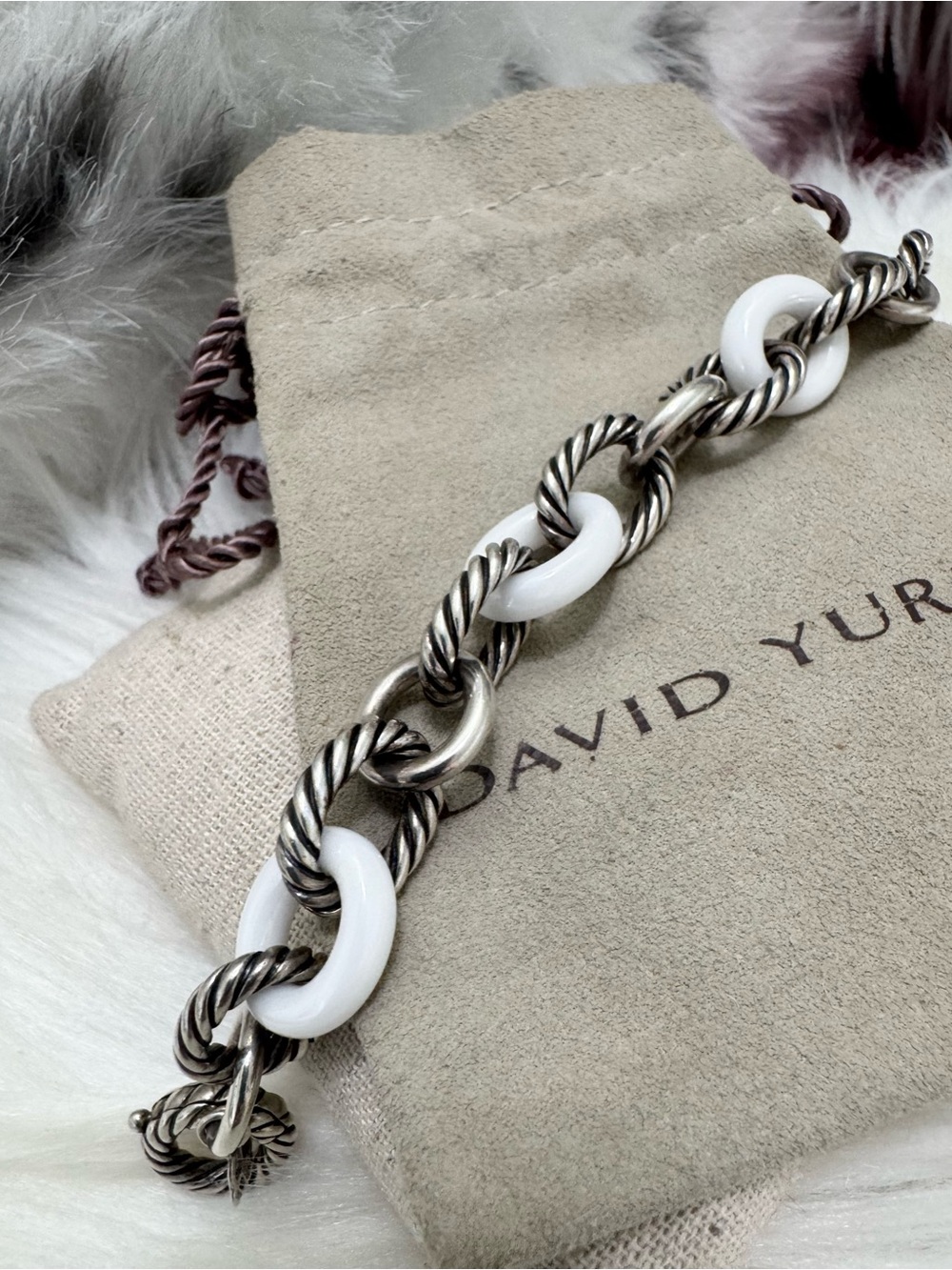 David Yurman Sterling Silver Oval Link Bracelet with White Ceramic Links - Picture 3 of 11